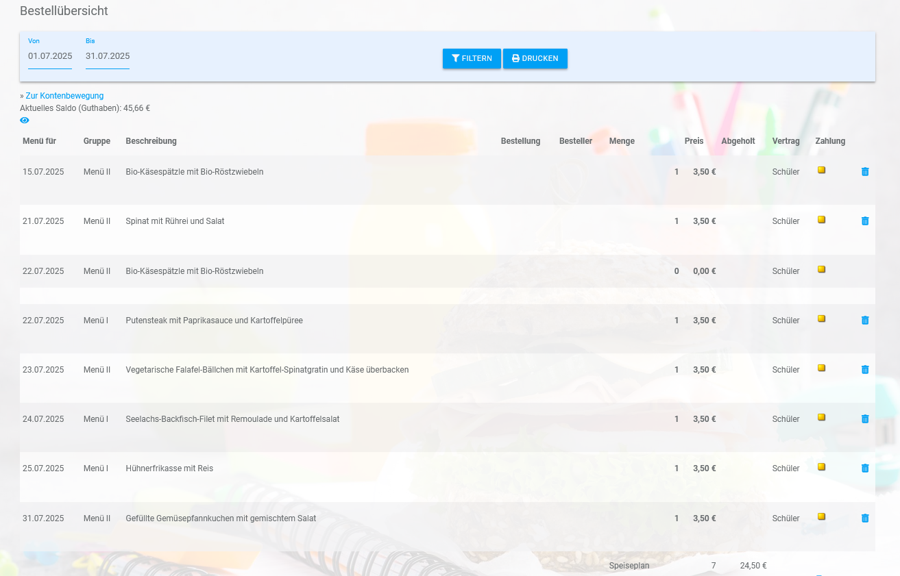WebMenü Bestellübersicht Screenshot
